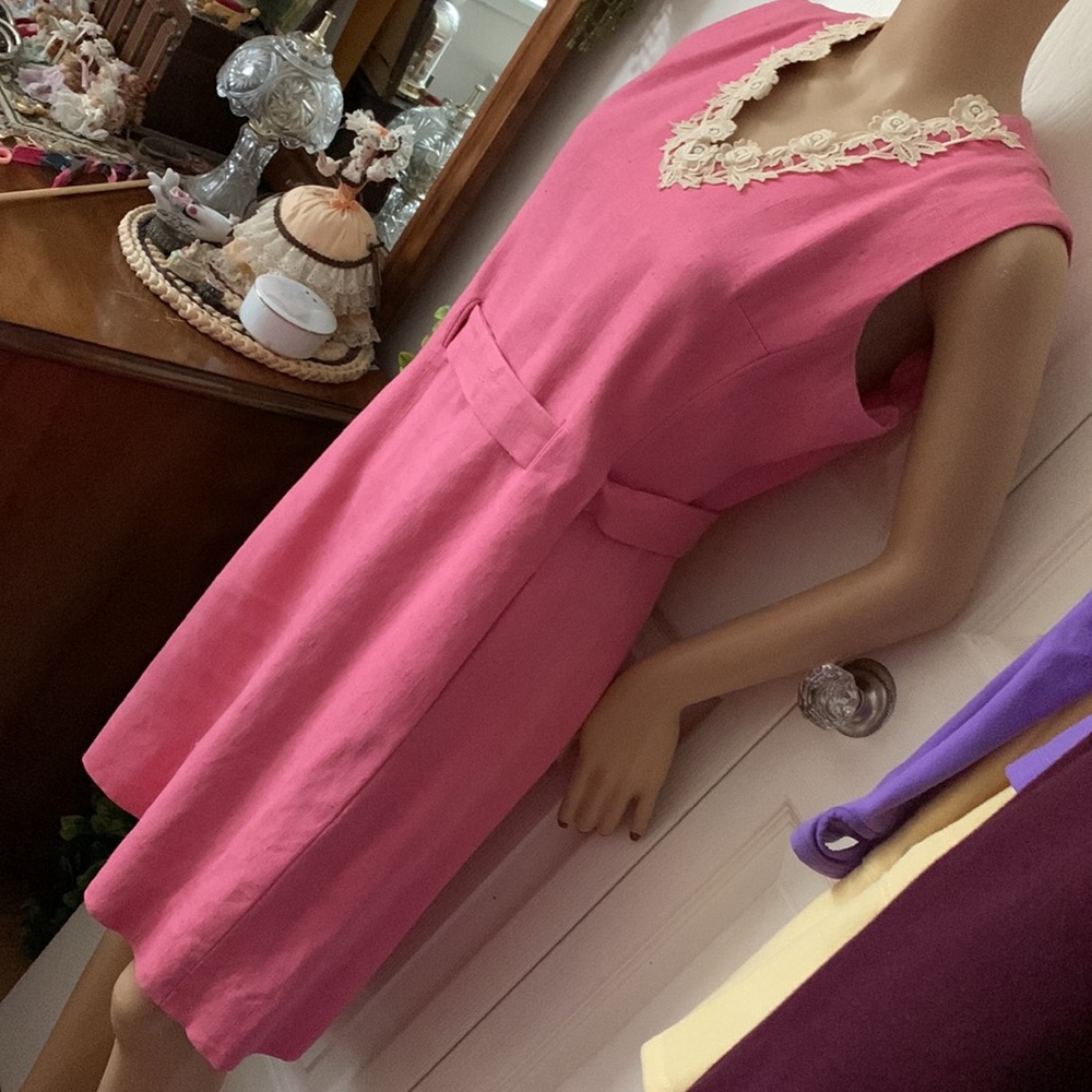Authentic Vintage 1960's MOD Pink mini dress with pockets pure Irish linen  S M - Picture 7 of 13